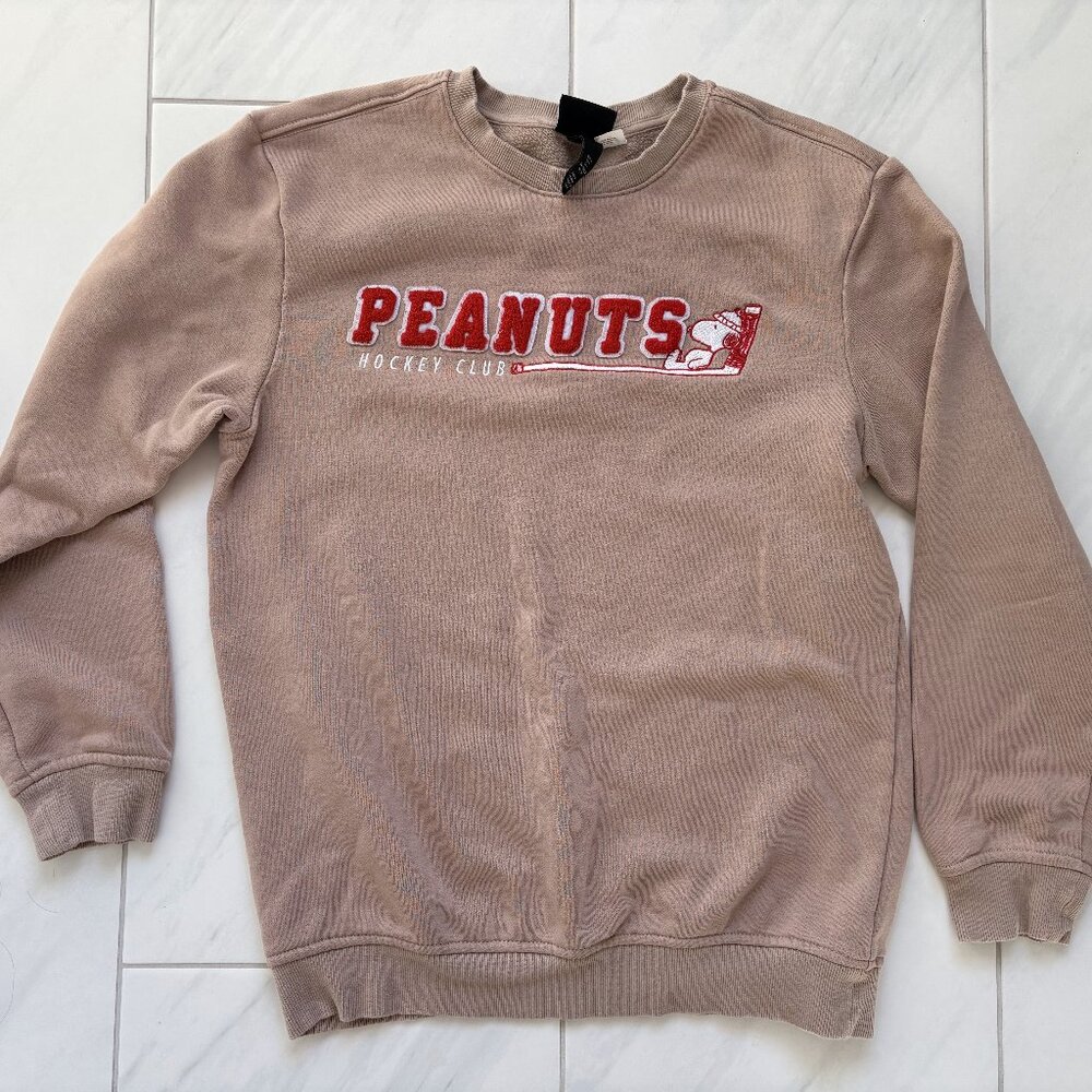 Peanuts Hockey Club H&M Sweatshirt Snoopy Puffy Embroidery Size S Beige & Red
